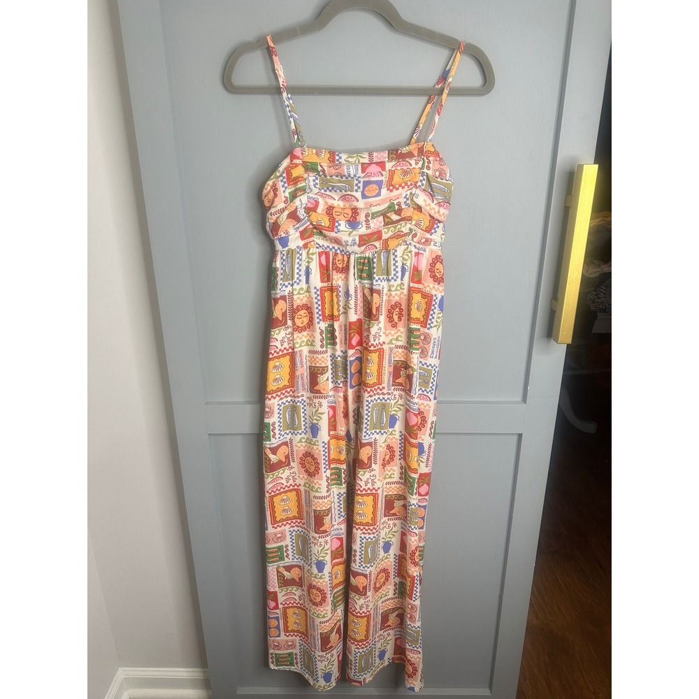 Free Assembly Womens Sardine Novelty Print Jumpsuit Rayon Linen Wide Leg Small